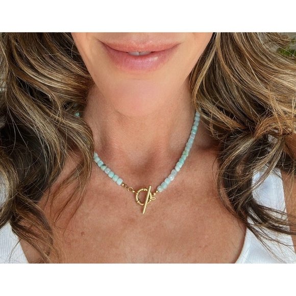 Turquoise Amazonite Gemstone Necklace Gold Toggle Clasp Removable Baroque Pearl - Picture 6 of 12